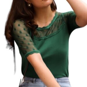 Anthropologie Knitted & Knotted Emerald Green Mirage Lace Polkadot Knit Sweater